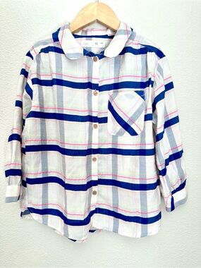 Zara Girls White Plaid Button Down Top with Navy & Pink Stripes Size 4-5